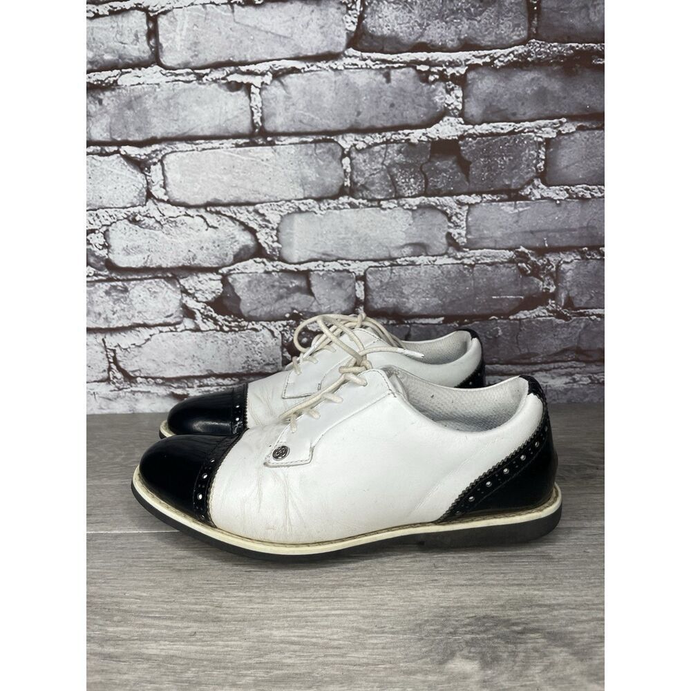 G/FORE Womens Gallivanter Golf Shoes White Black Leather Oxford Cap Toe Sz 9 EUC
